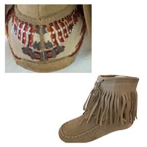 VTG Y2K Aldo Skagen Suede Fringe Moccasin Embroidered Booties Boho Festival Fall
